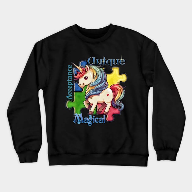 Autism Awareness Kawaii Unicorn and Puzzle Pieces Crewneck Sweatshirt by mythikcreationz